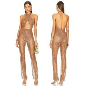 NWT Michael Costello x Revolve Yasmin Sequin Halter Jumpsuit S Antique Gold